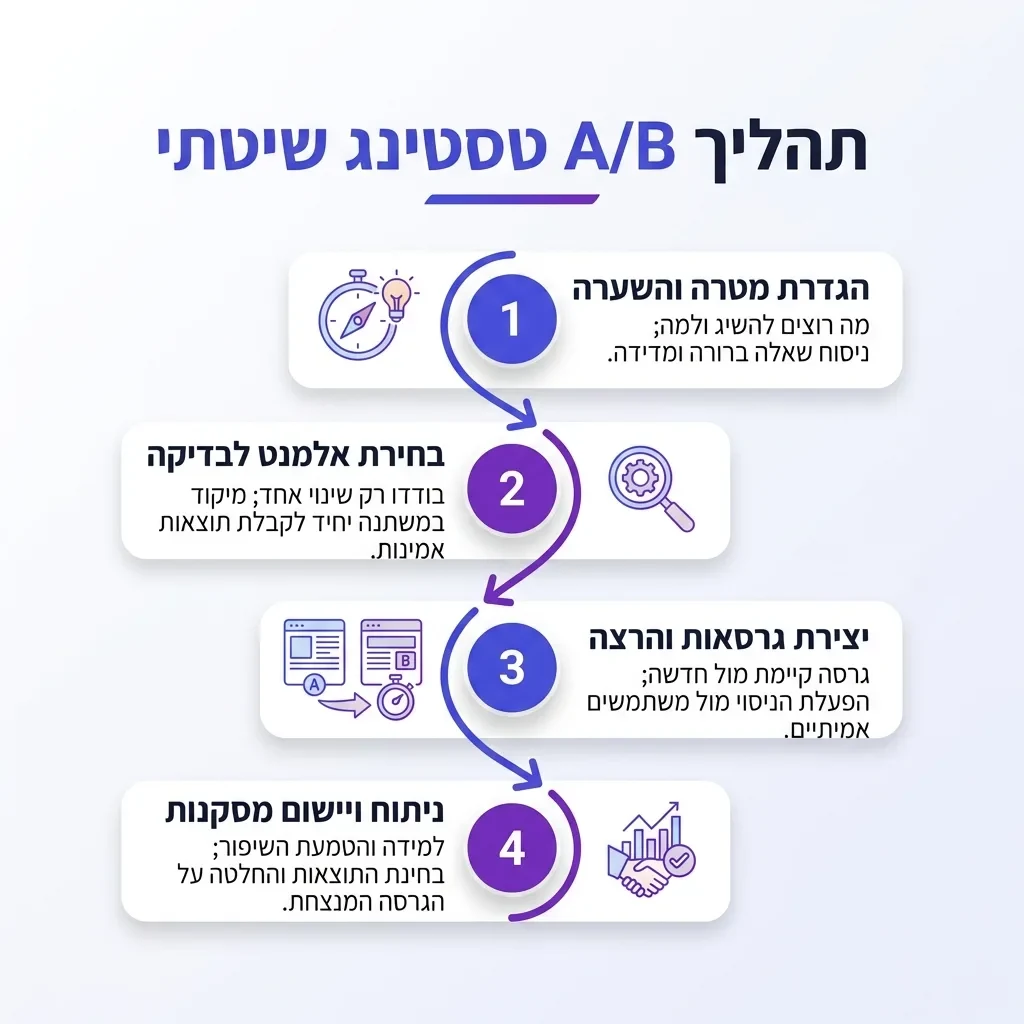 אינפוגרפיקה — תהליך A/B טסטינג שיטתי: הגדרת מטרה והשערה, בחירת אלמנט לבדיקה, יצירת גרסאות והרצה, ניתוח ויישום מסקנות