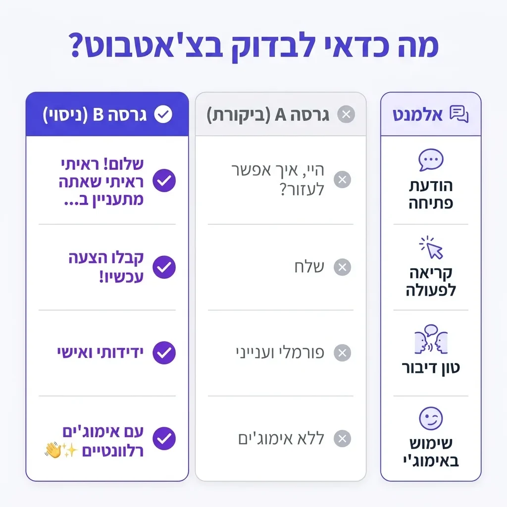 אינפוגרפיקה — מה כדאי לבדוק בצ'אטבוט?: השוואה בין אלמנט, גרסה A (ביקורת), גרסה B (ניסוי)