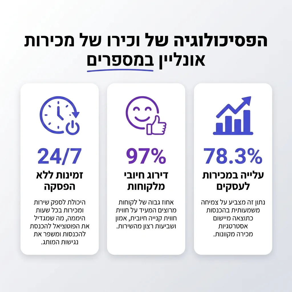 אינפוגרפיקה — הפסיכולוגיה של מכירות אונליין במספרים: עלייה במכירות לעסקים, דירוג חיובי מלקוחות, זמינות ללא הפסקה