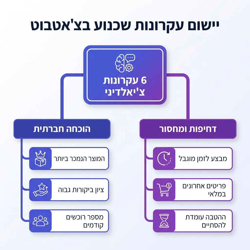 אינפוגרפיקה — יישום עקרונות שכנוע בצ'אטבוט: 6 עקרונות צ'יאלדיני