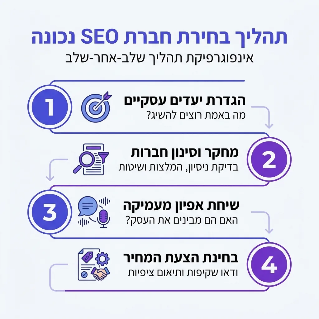 אינפוגרפיקה — תהליך בחירת חברת SEO נכונה: הגדרת יעדים עסקיים, מחקר וסינון חברות, שיחת אפיון מעמיקה, בחינת הצעת המחיר