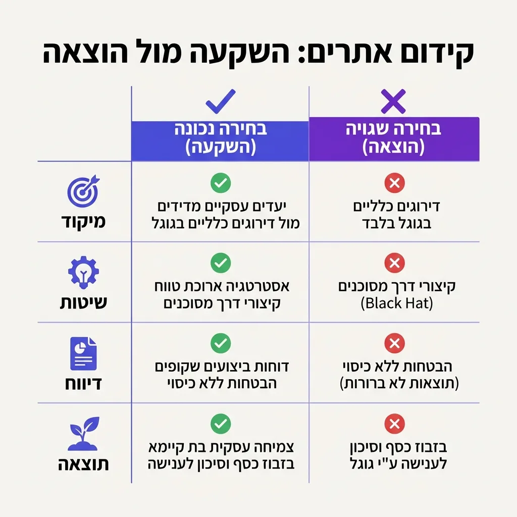 אינפוגרפיקה — קידום אתרים: השקעה מול הוצאה: השוואה בין בחירה נכונה (השקעה), בחירה שגויה (הוצאה)