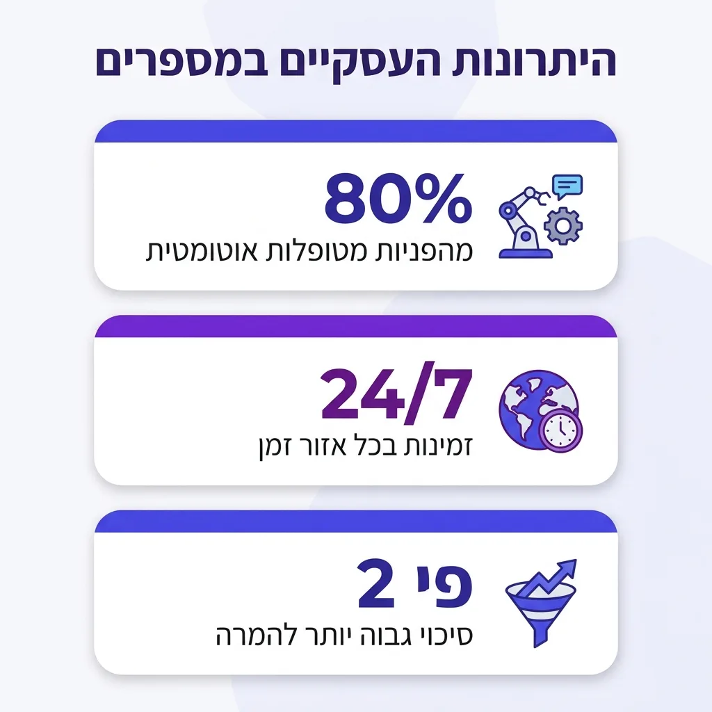 אינפוגרפיקה — היתרונות העסקיים במספרים: מהפניות מטופלות אוטומטית, זמינות בכל אזור זמן, סיכוי גבוה יותר להמרה