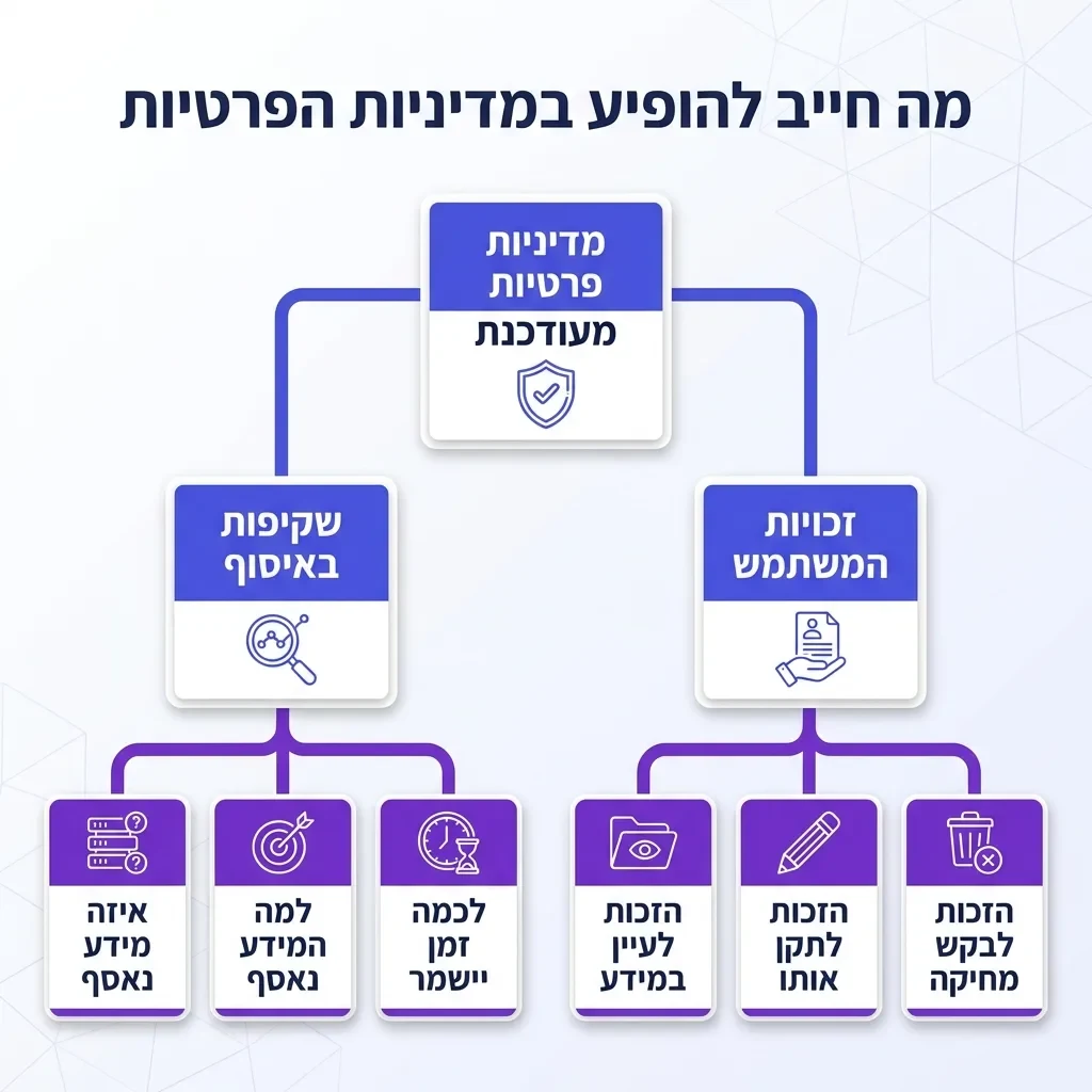 אינפוגרפיקה — מה חייב להופיע במדיניות הפרטיות: מדיניות פרטיות מעודכנת