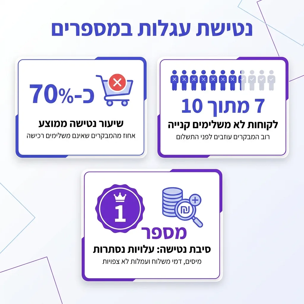 אינפוגרפיקה — נטישת עגלות במספרים: שיעור נטישה ממוצע, לקוחות לא משלימים קנייה, סיבת נטישה: עלויות נסתרות