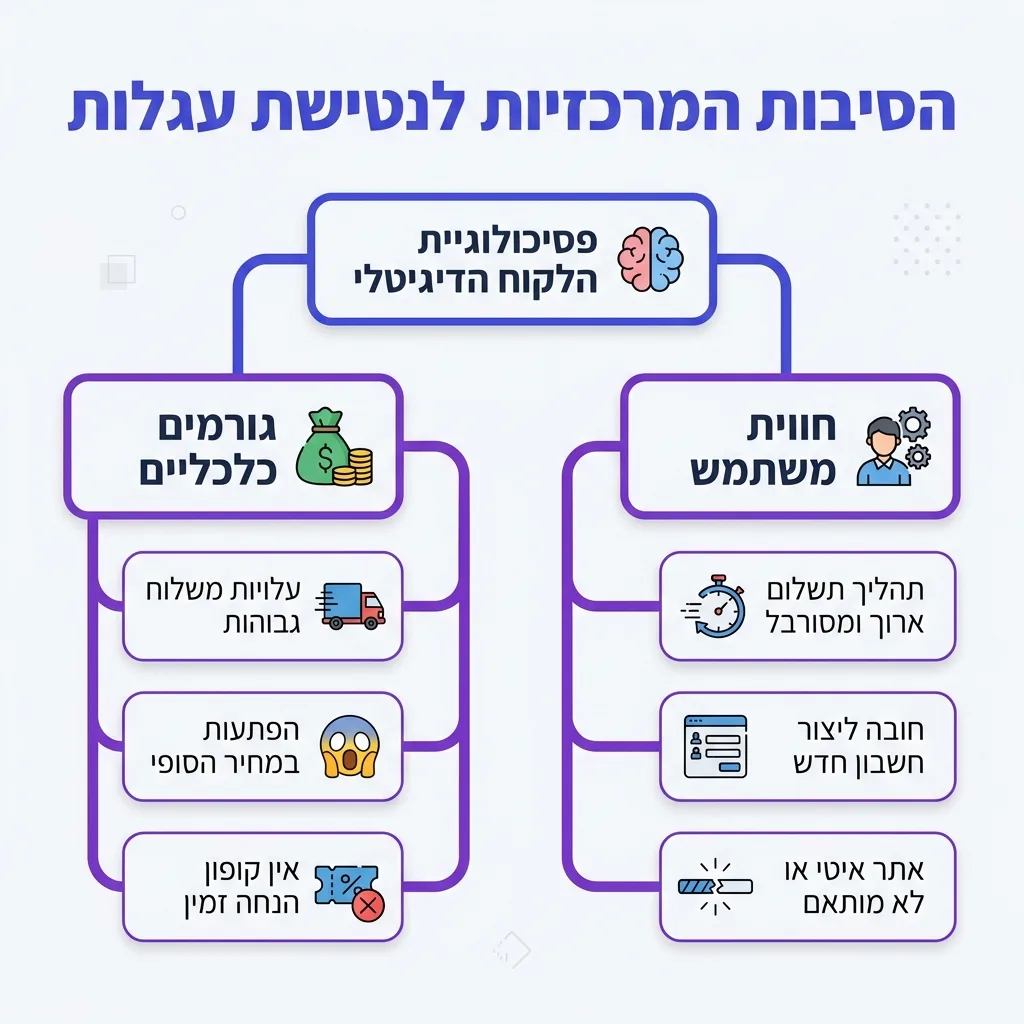 אינפוגרפיקה — הסיבות המרכזיות לנטישת עגלות: פסיכולוגיית הלקוח הדיגיטלי
