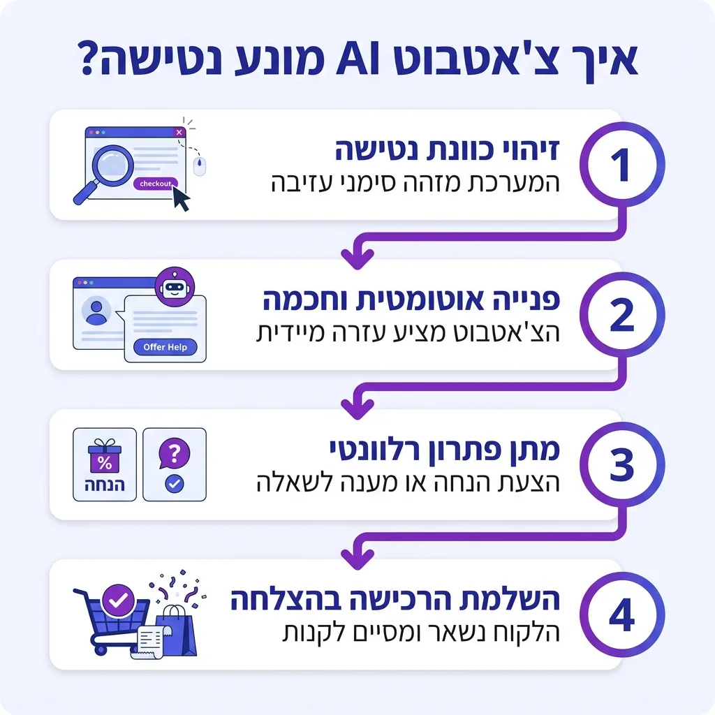 אינפוגרפיקה — איך צ'אטבוט AI מונע נטישה?: זיהוי כוונת נטישה, פנייה אוטומטית וחכמה, מתן פתרון רלוונטי, השלמת הרכישה בהצלחה